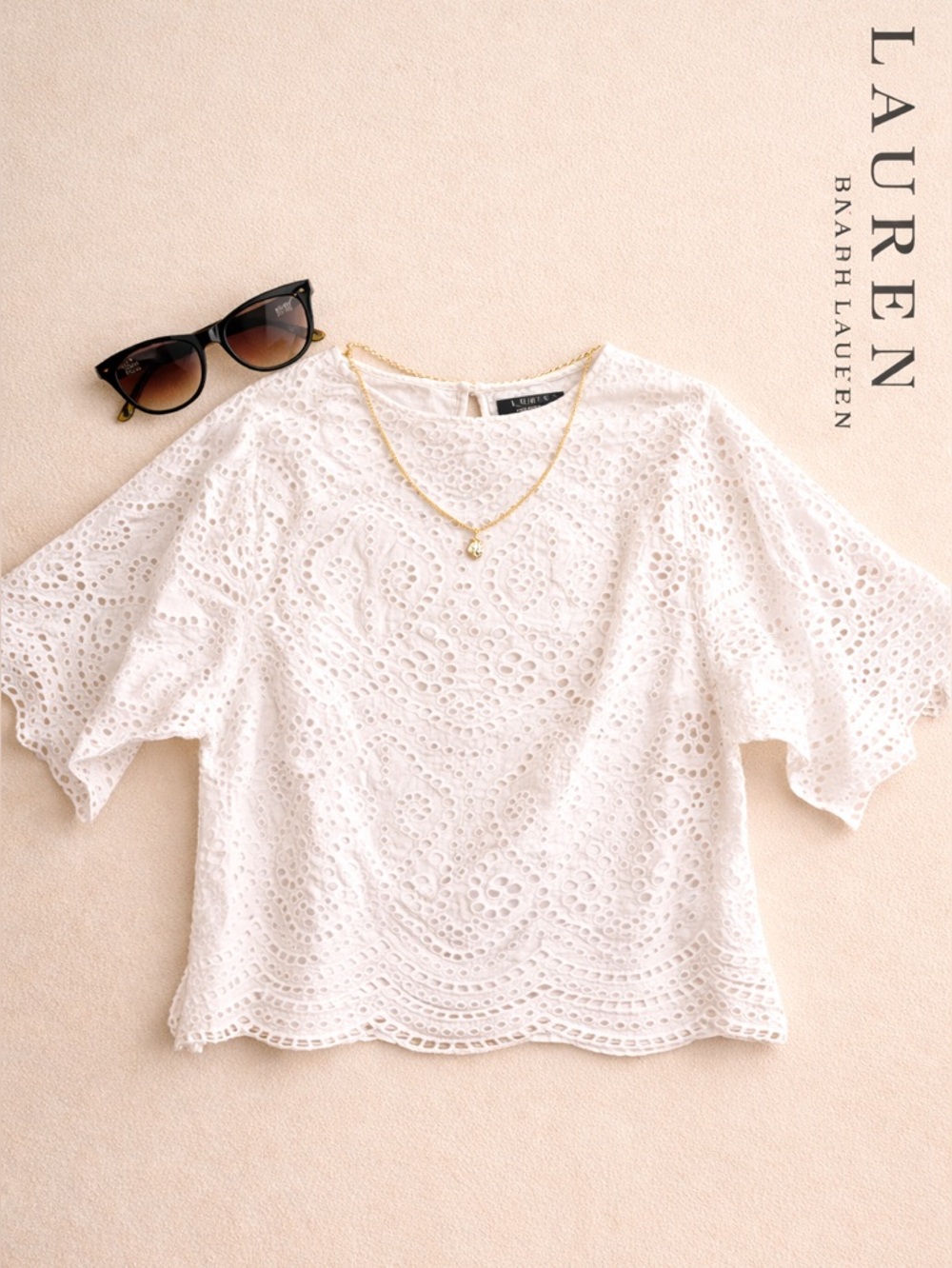 Lauren Ralph Lauren White Eyelet Boxy Short Sleeve Top XS EUC
